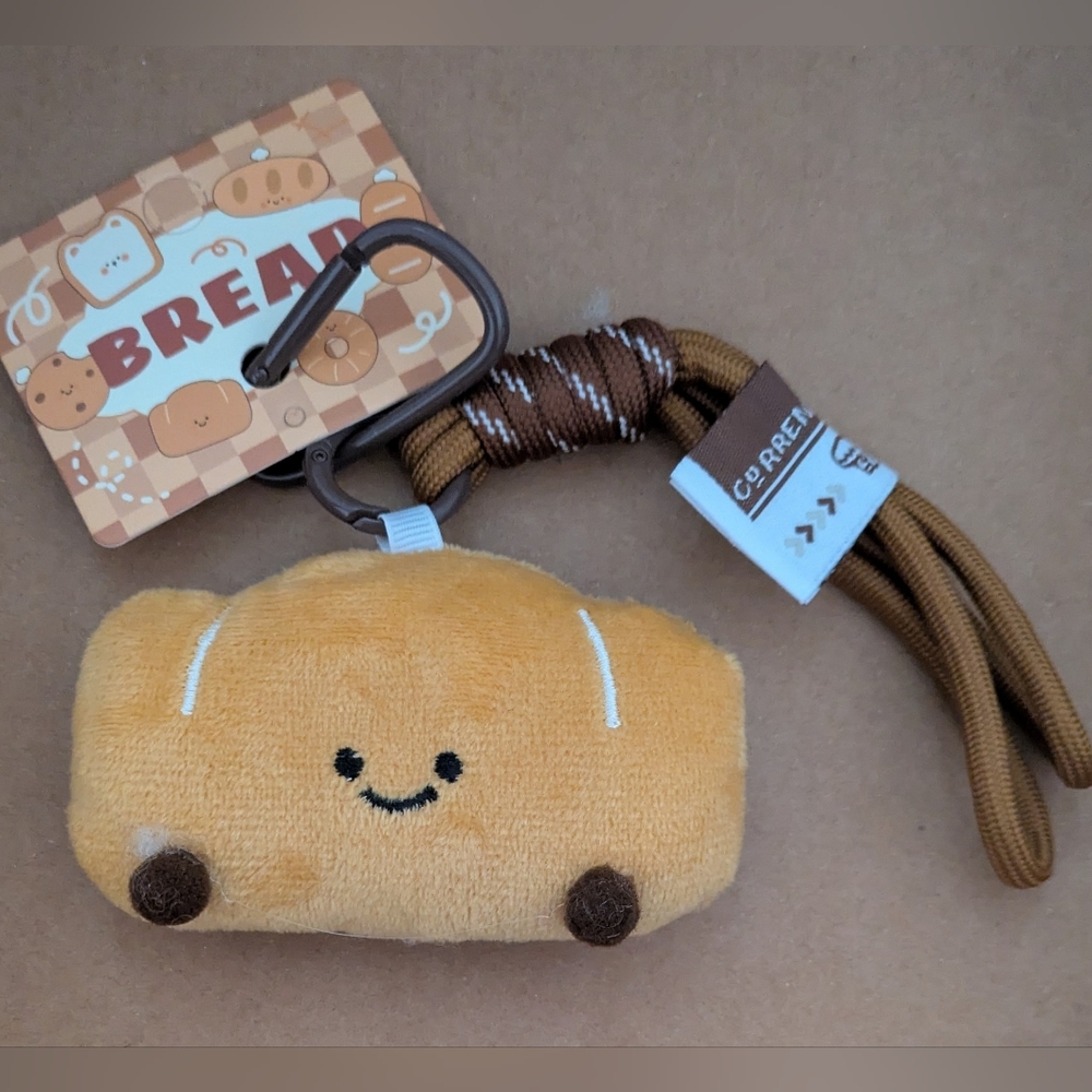 Bread Plush Keychain Charm with Brown Strap